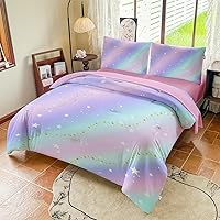 Vista 7 de Juego de ropa de cama arcoíris tamaño individual – Edredón reversible de 5 piezas para niñas con sábana de bolsillo profundo, diseño de galaxia