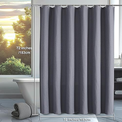 Miniatura 2 de OVZME Juego de cortina de ducha gris con textura de gofre, cortina de ducha de tela resistente para baño, cortina de baño de lujo de 230 GSM con 12