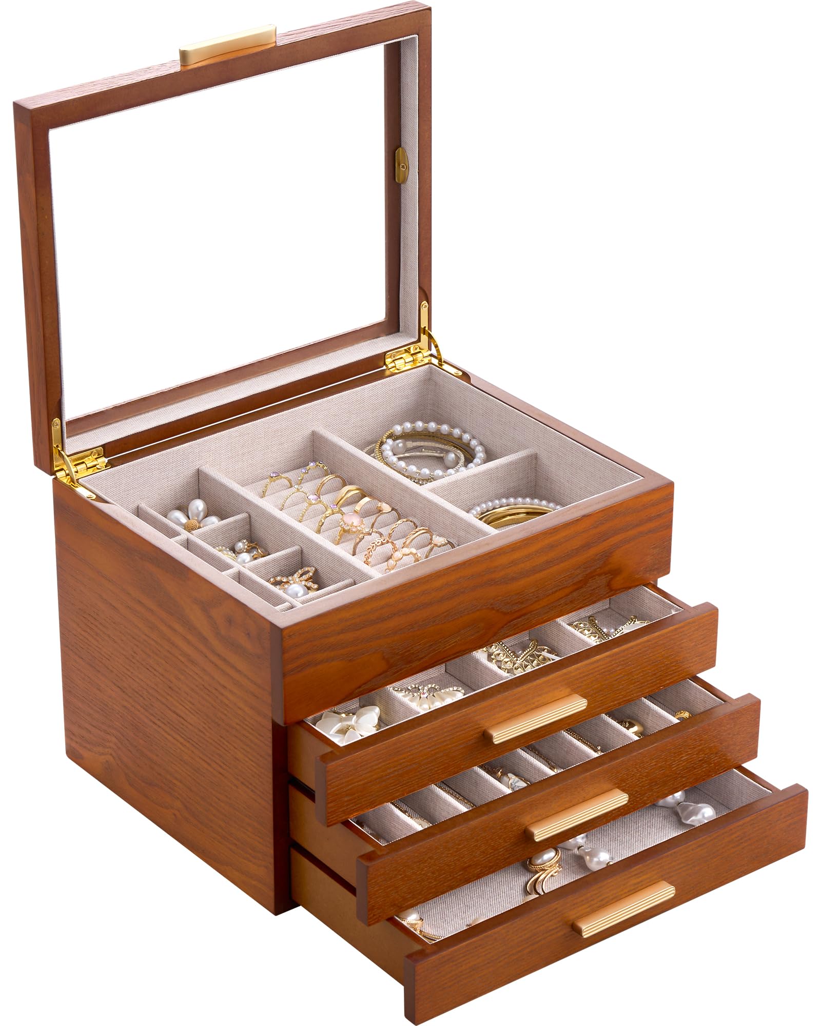Lolalet Joyero de Madera, Cofre Organizador con Ventana Transparente, Caja para Collares, Pulseras, Pendientes y Anillos -Caja Elegante para Regalo y Almacenamiento– Cereza, 4 Capas