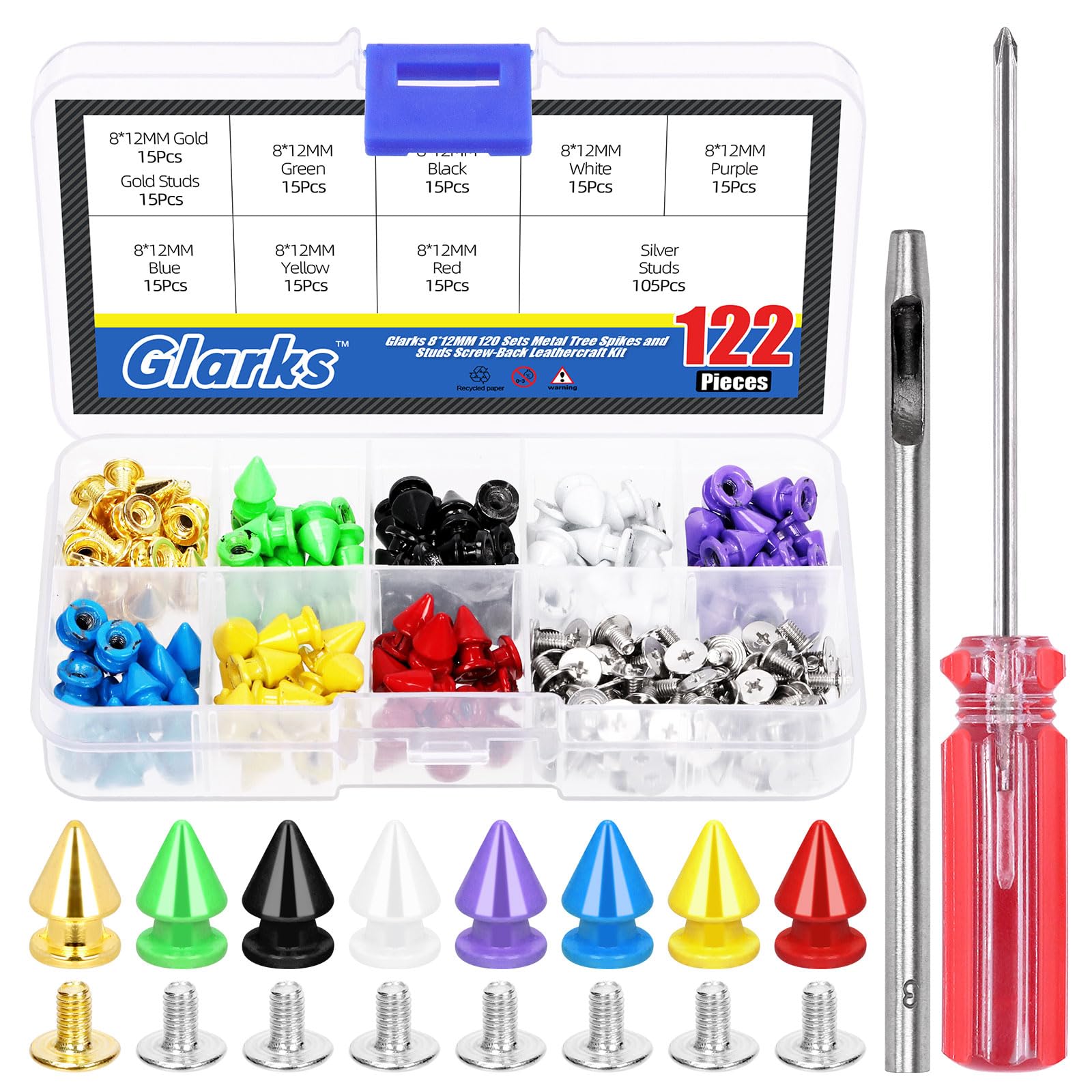 Glarks 120 Sets 8x12mm Metal Big Tree Spikes Studs Kit, 8 Colors Metallic Screw-Back Bullet Rivets for DIY Leather Craft