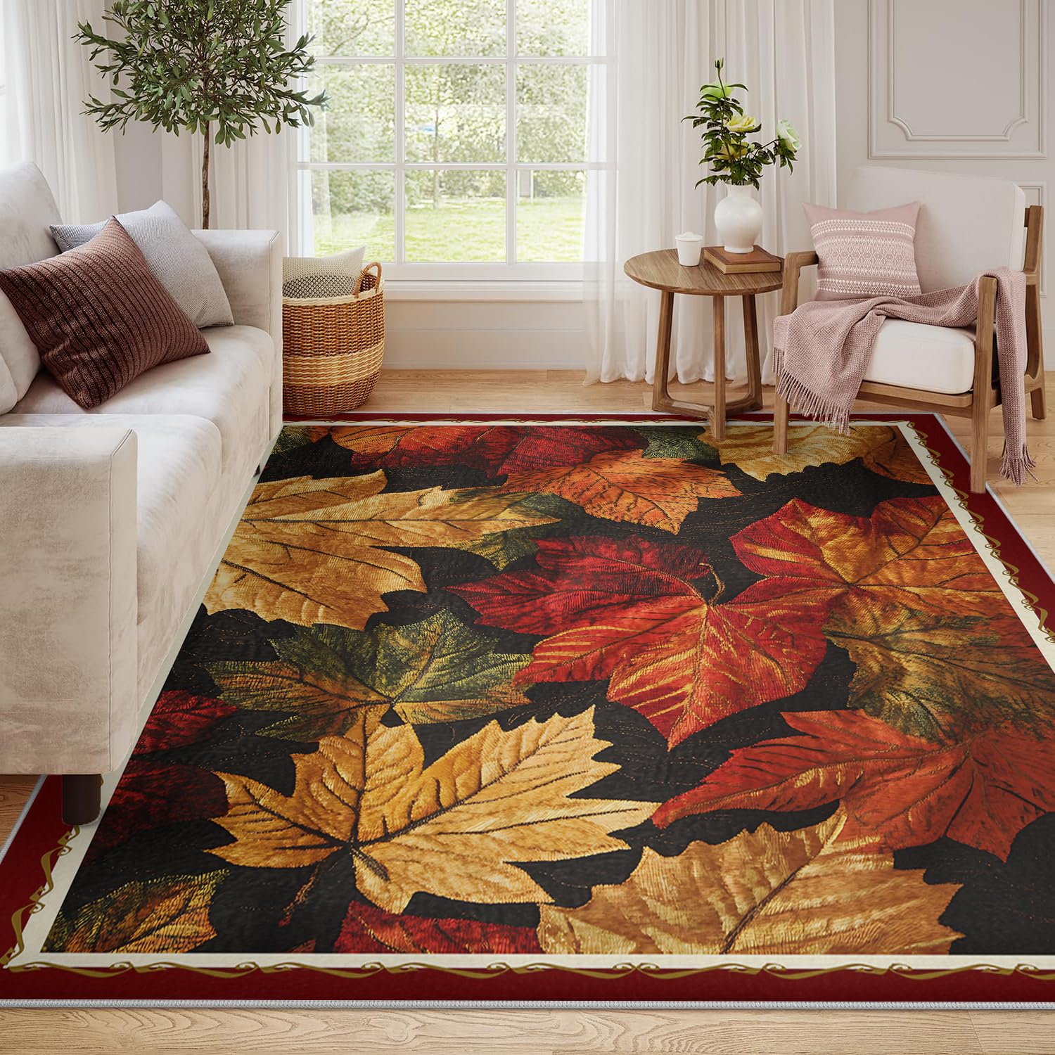 120x180cm Tapis de Salon Lavable en érable coloré Rugs bohème à Poil Bas pour Chambre Salle à Manger Bureau Feuilles d’Automne Tapis d’intérieur