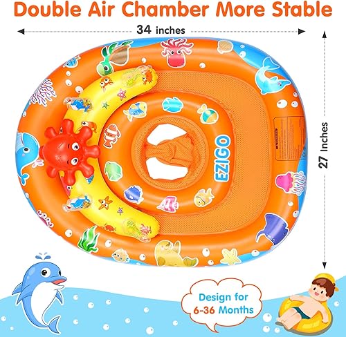Miniatura 4 de EZIGO Flotador de piscina para bebé con toldo UPF 50+, doble cámara de aire, flotadores de natación con juguetes de sonido, asiento de seguridad