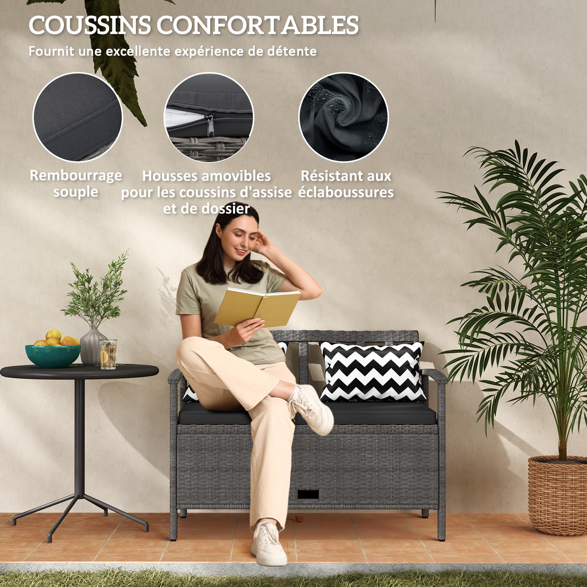 Outsunny Banc Extérieur Jardin 2 Places Banc de Rangement 160L 112 cm Gris | en Rotin PE, avec Coussin, 2 Oreillers, Cadre en Acier