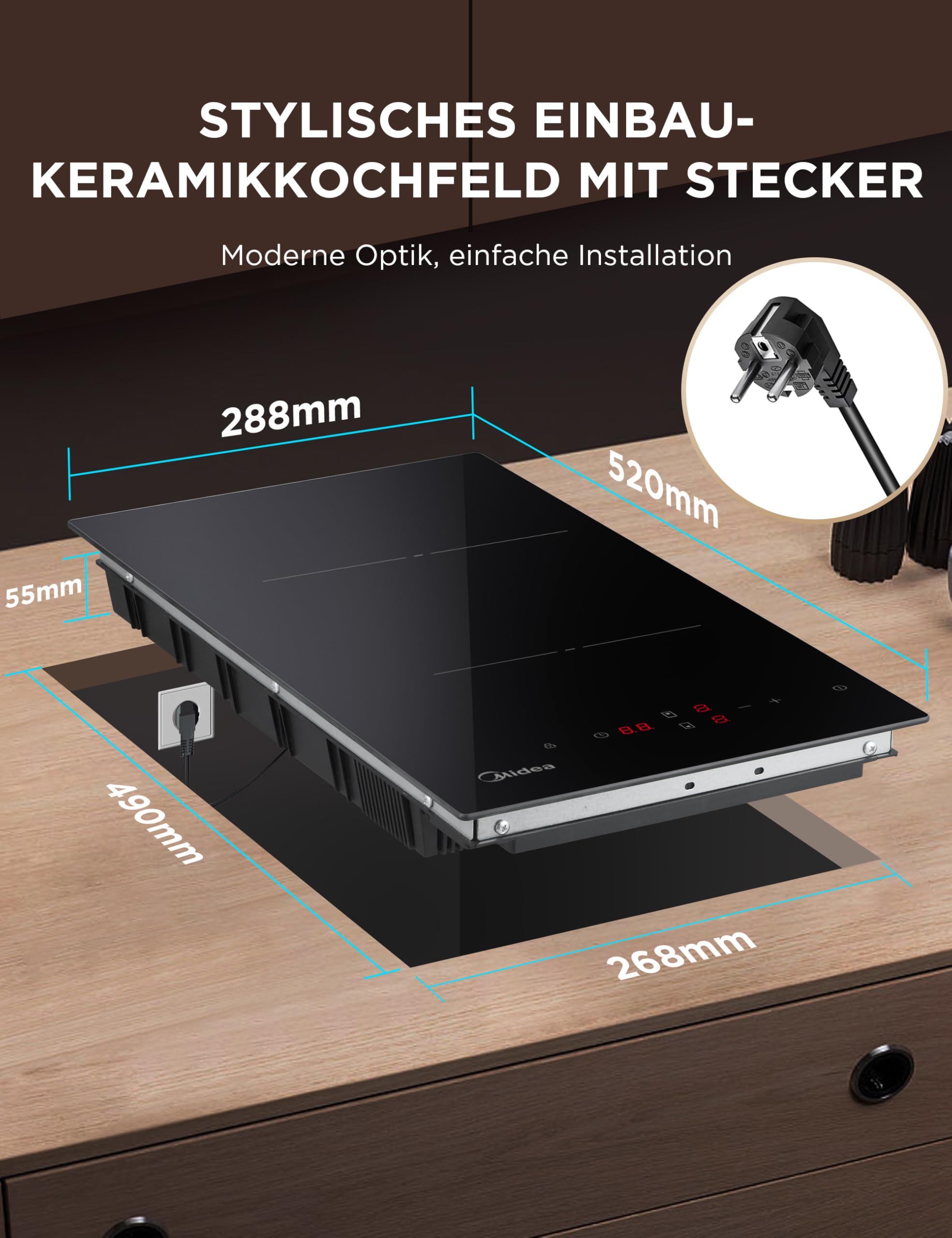 MIDEA Glaskeramikkochfeld 2 Kochzonen Einbau Keramikkochfeld mit Stecker Berührungssteuerung Automatische Abschaltung Kindersicherung