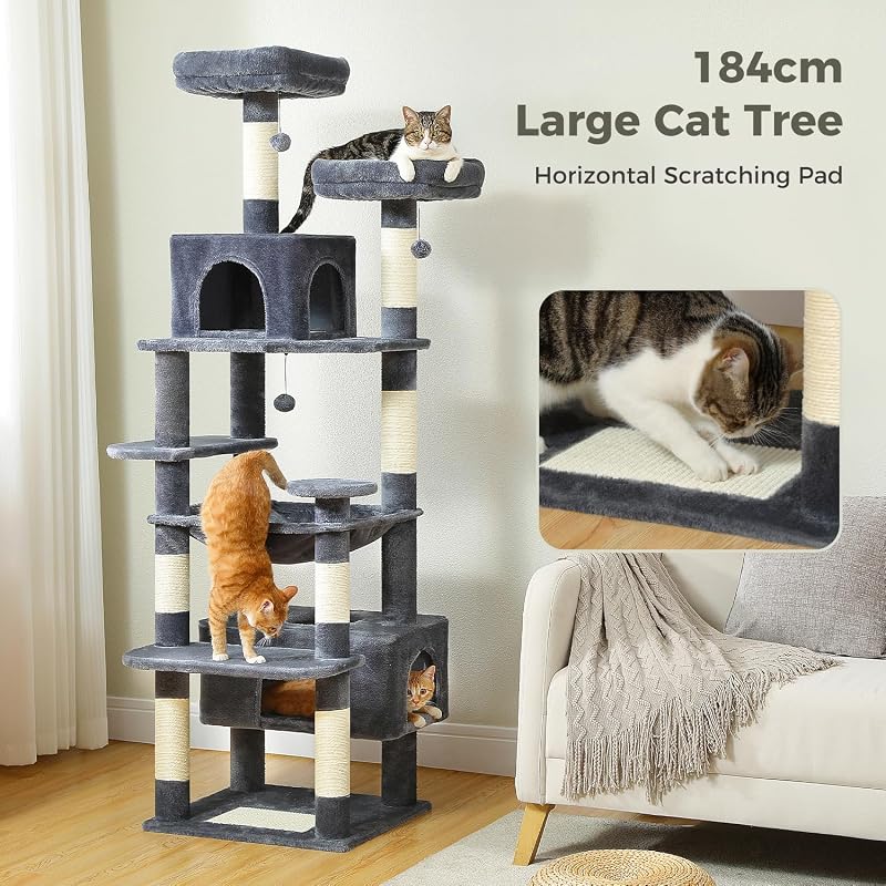 PAWZ Road 184 cm macskakaparófa hálóval, 7 szizál oszloppal, barlang és kosarral