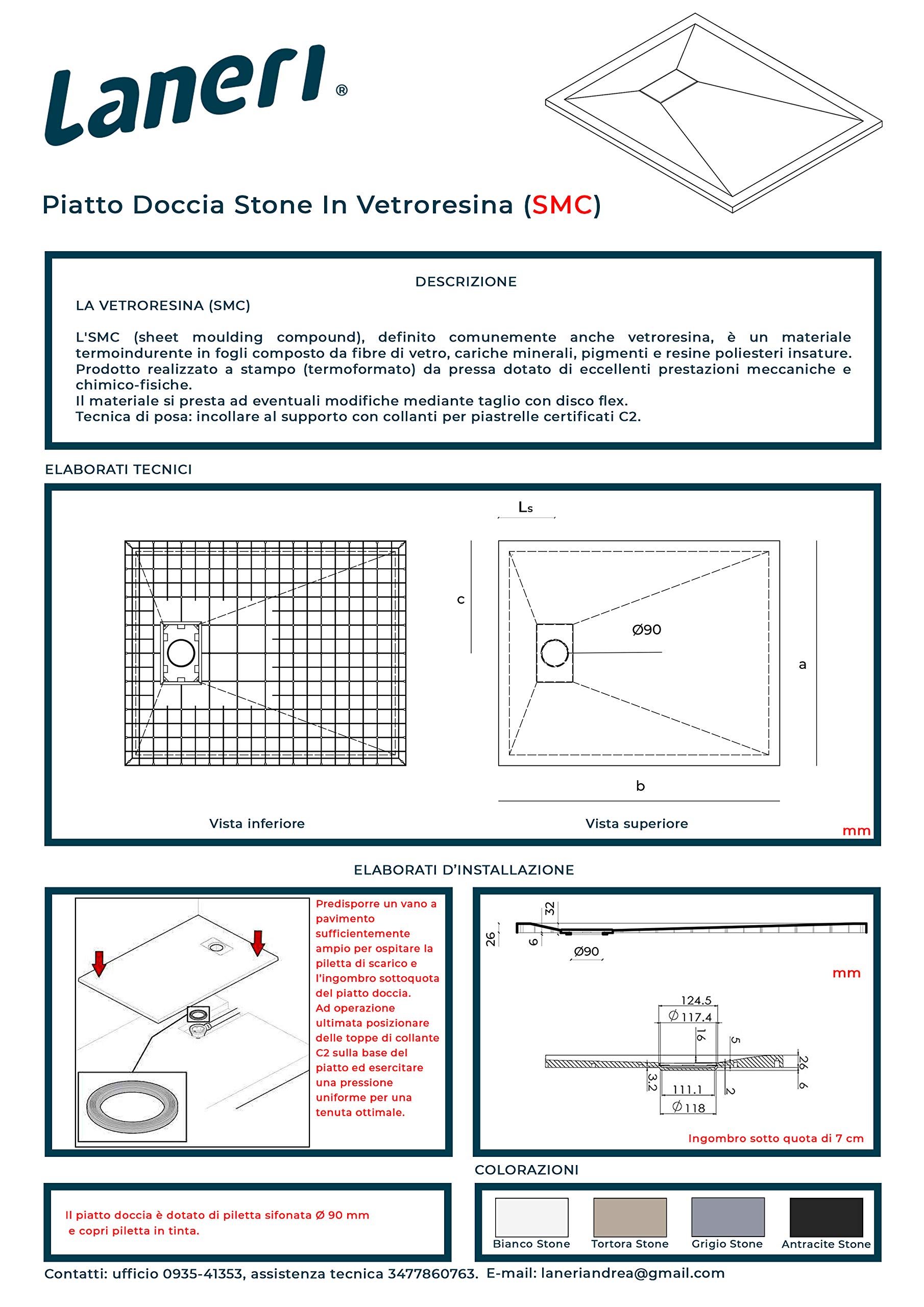 SMC - Plato de ducha de 2,6 cm de altura con efecto piedra de pizarra, desagüe de ducha incluido (80 x 80 x 2,6 cm, blanco)