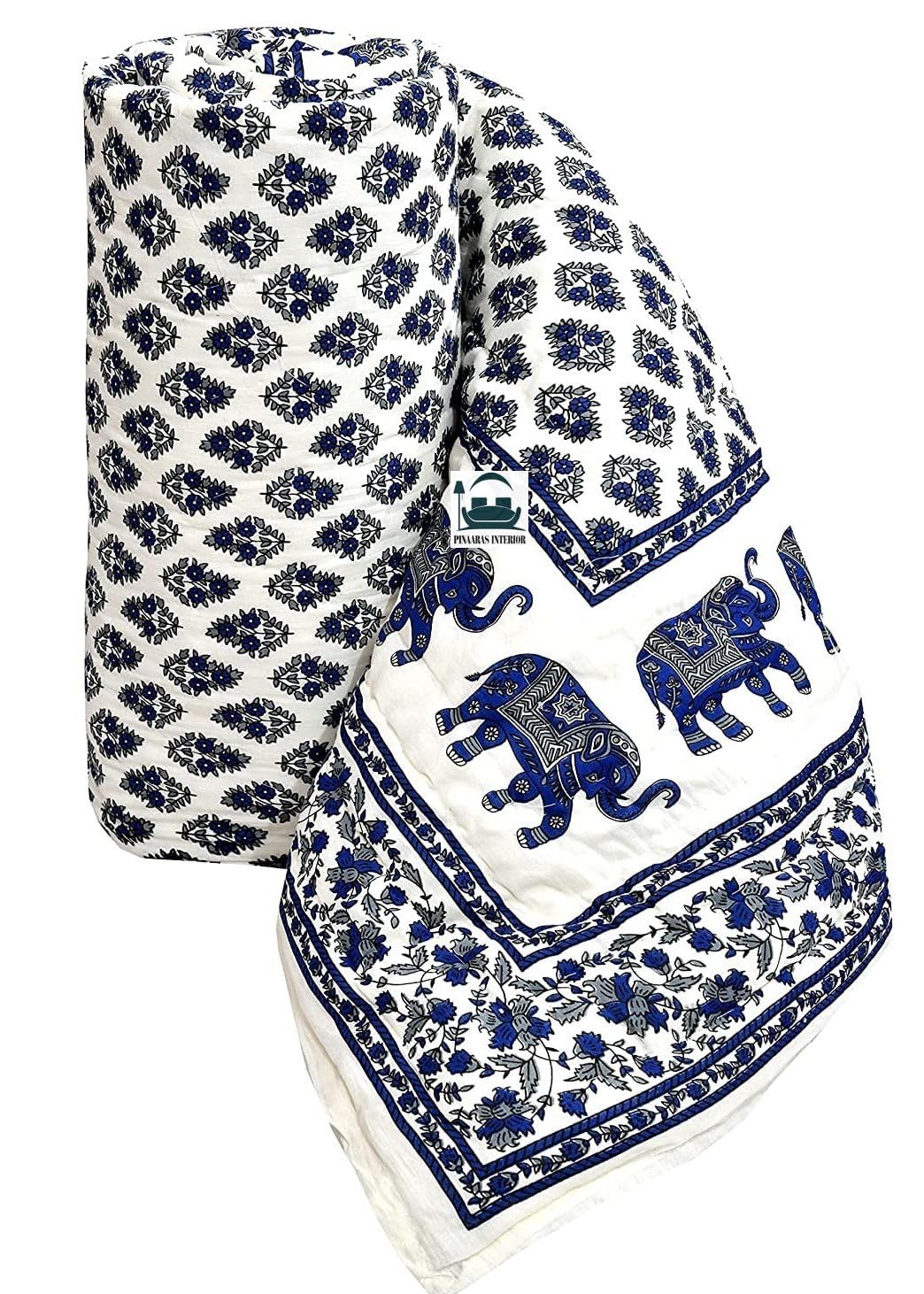 Cotton Quilt Handmade Jaipuri Rajai Traditional Quilt Lightweight Razai Reversible - Blue (Single Bed (85X55 Inch))-image-14
