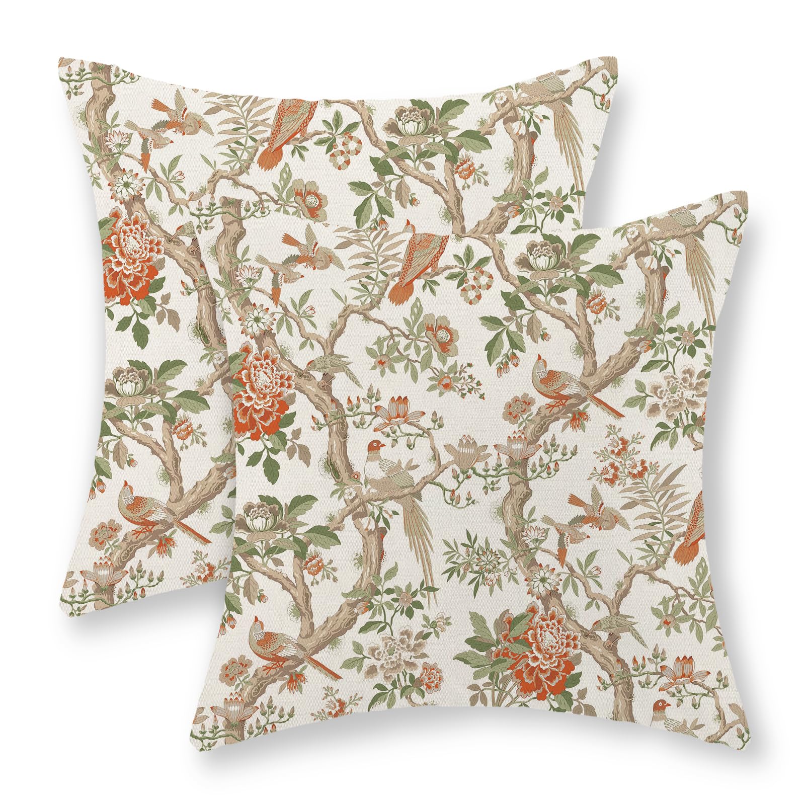 GOLIANDA Chinoiserie Pillow Covers 18x18 Set of 2 Orange Green Bird Floral Throw Pillows Vintage Flowers Decorations Outdoor Pillowcase Chinoiserie Decor Farmhouse Linen Cushion Case for Couch Home — image 1
