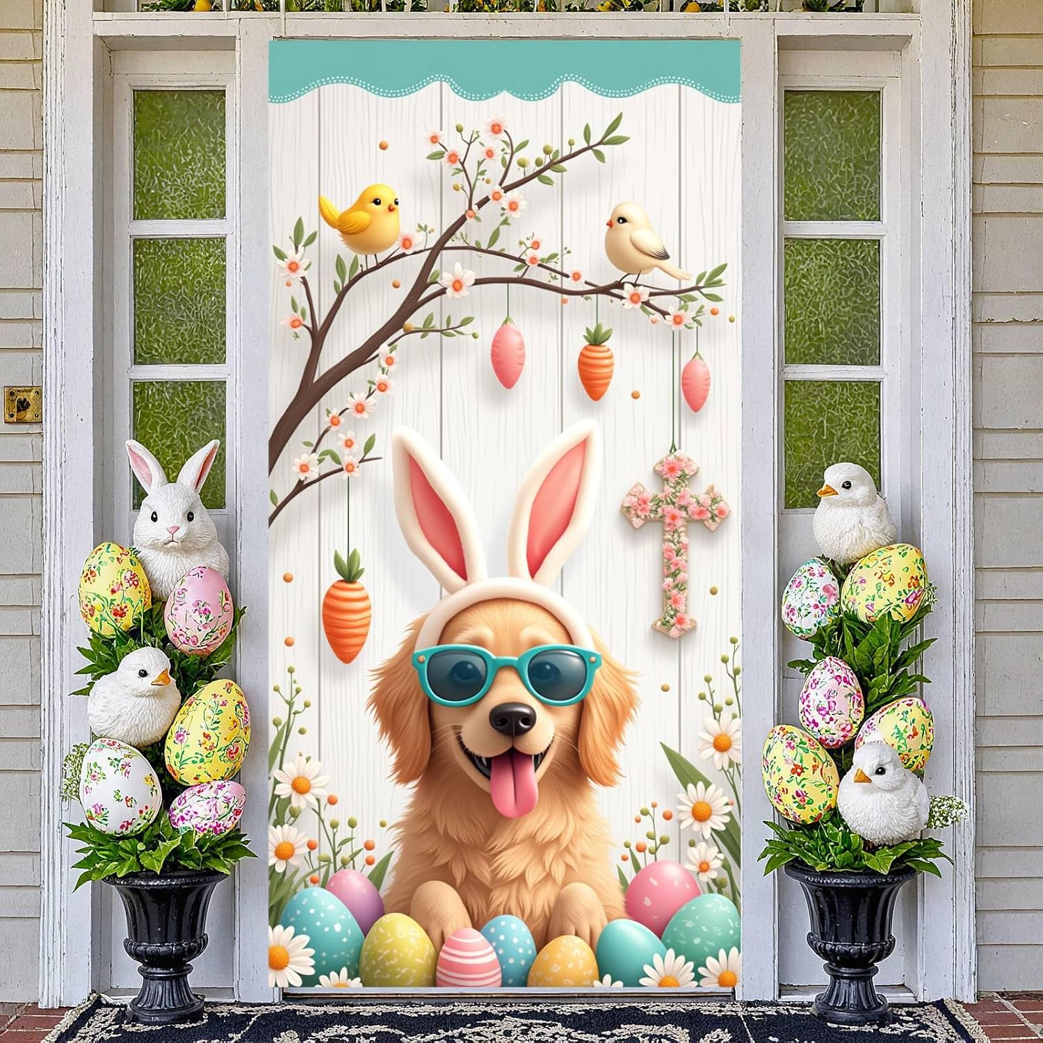 Happy Easter Dog Door Cover Decorations Golden Retriever Bunny Ears Front Door Banner Spring Easter Welcome Porch Sign Hanging Backdrop for Indoor Outdoor Home Holiday Seasonal Party Decor Supplies