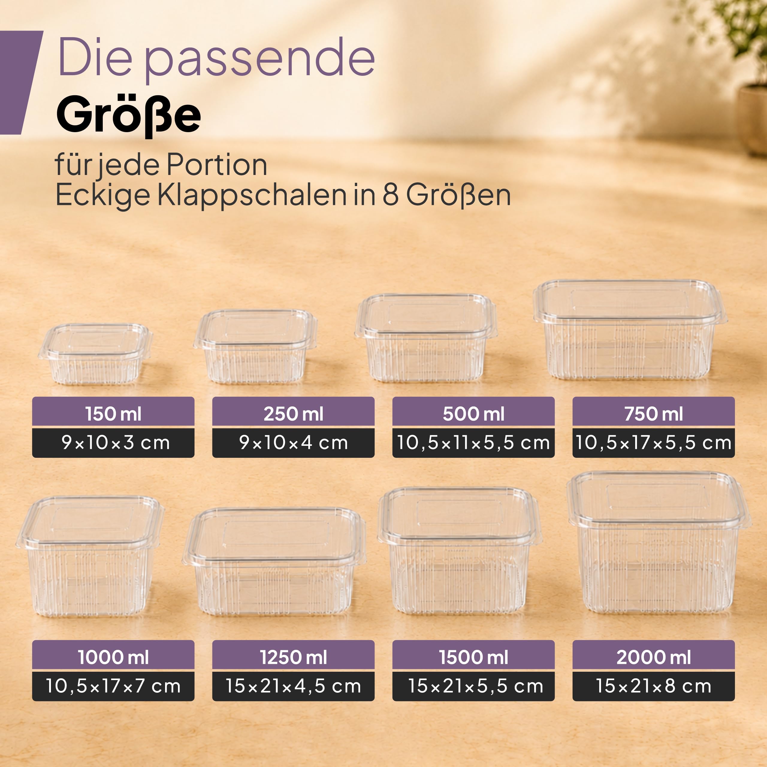 Inoverse Lot de 100 gobelets rectangulaires en PET avec couvercle - 1500 ml