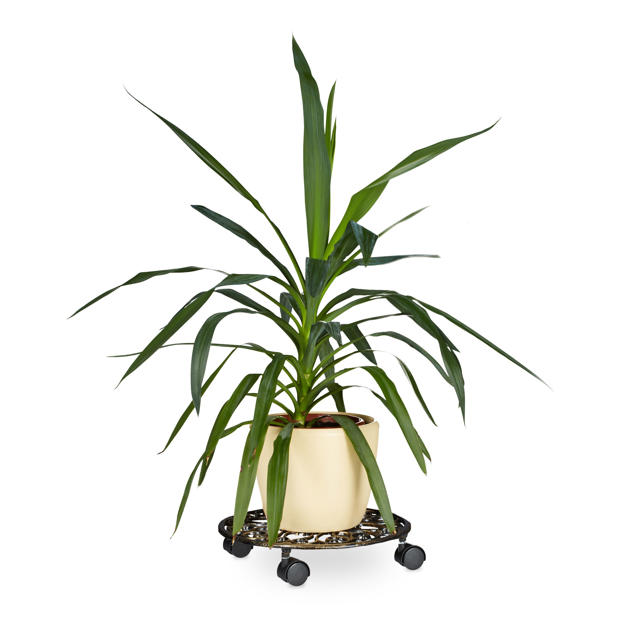 Relaxdays Carrello Portavasi Rotondo, Ø 33,5 cm, Sottovaso in Metallo, 4 Ruote, Design Antico, Resistente, Bronzo