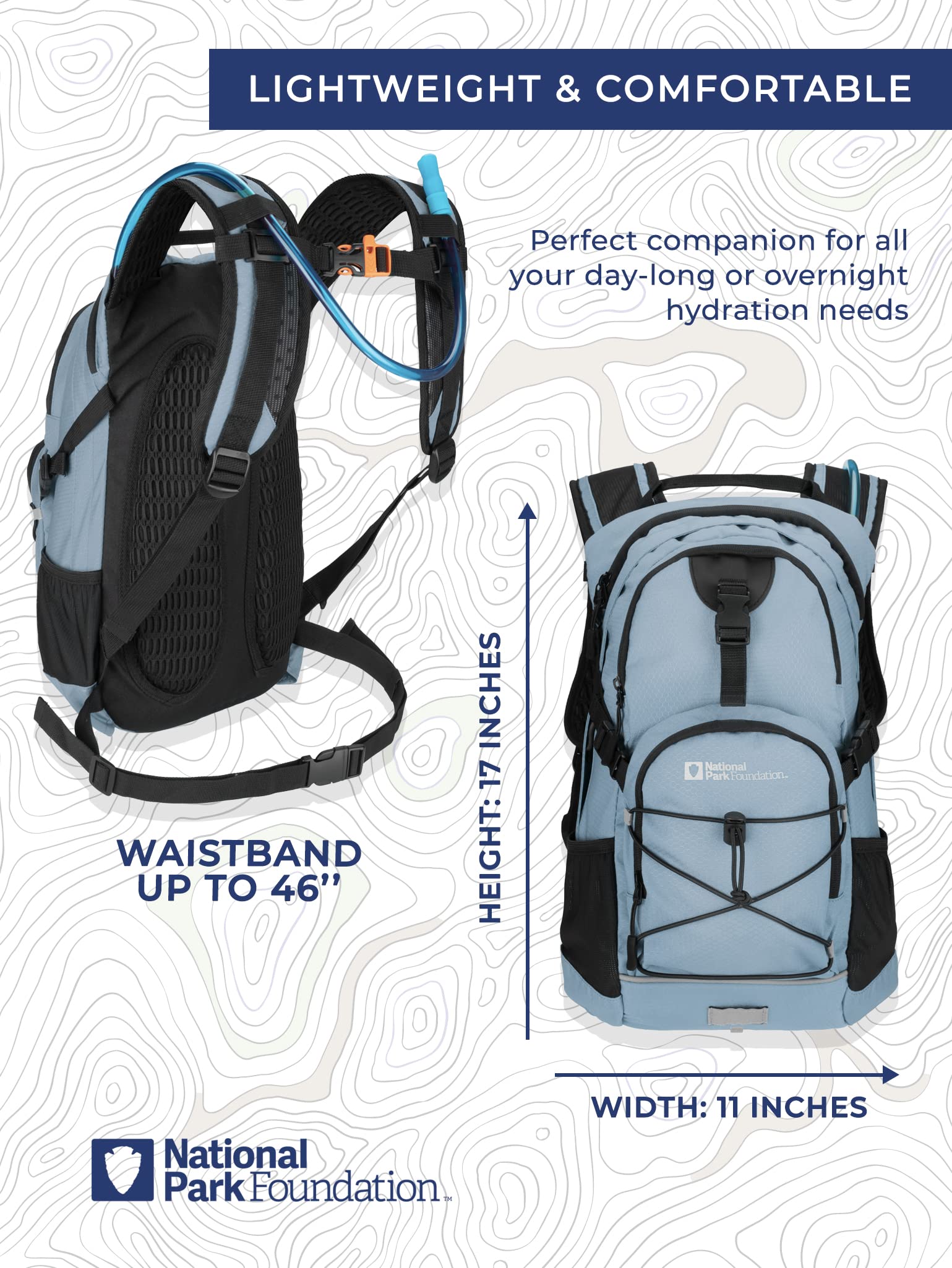 National Park Foundation Sac à dos d'hydratation de 18 l avec sac à eau de 2 litres, sac à dos léger pour le cyclisme, la randonnée, la course, l'escalade, pour hommes, femmes et enfants (bleu)