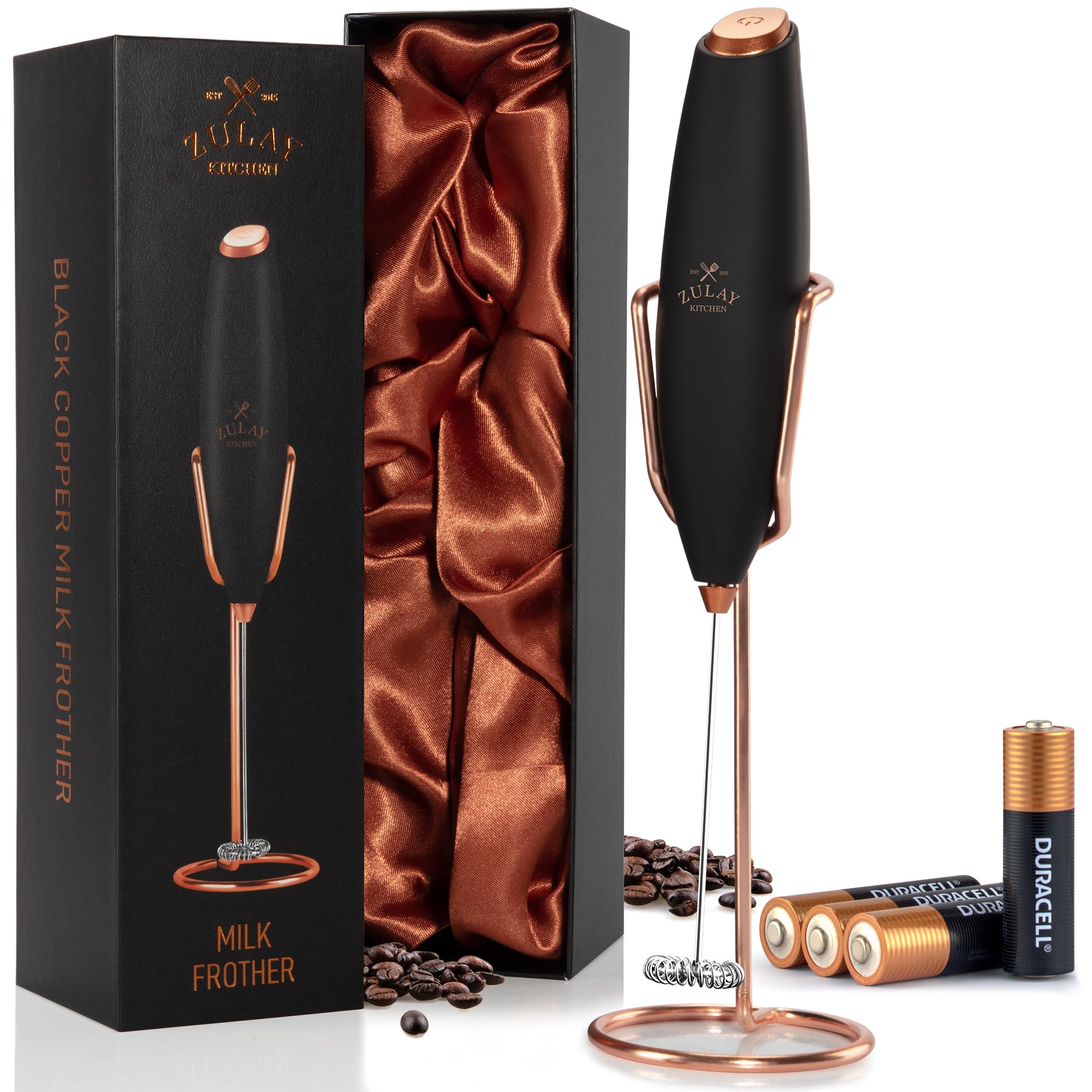 Zulay Kitchen Powerful Milk Frother Wand With Duracell Batteries - Ultra Fast Handheld Drink Mixer - Electric Whisk Foam Maker for Coffee, Lattes, Cappuccino &amp; Matcha - Z1 Motor - Exec Black Copper