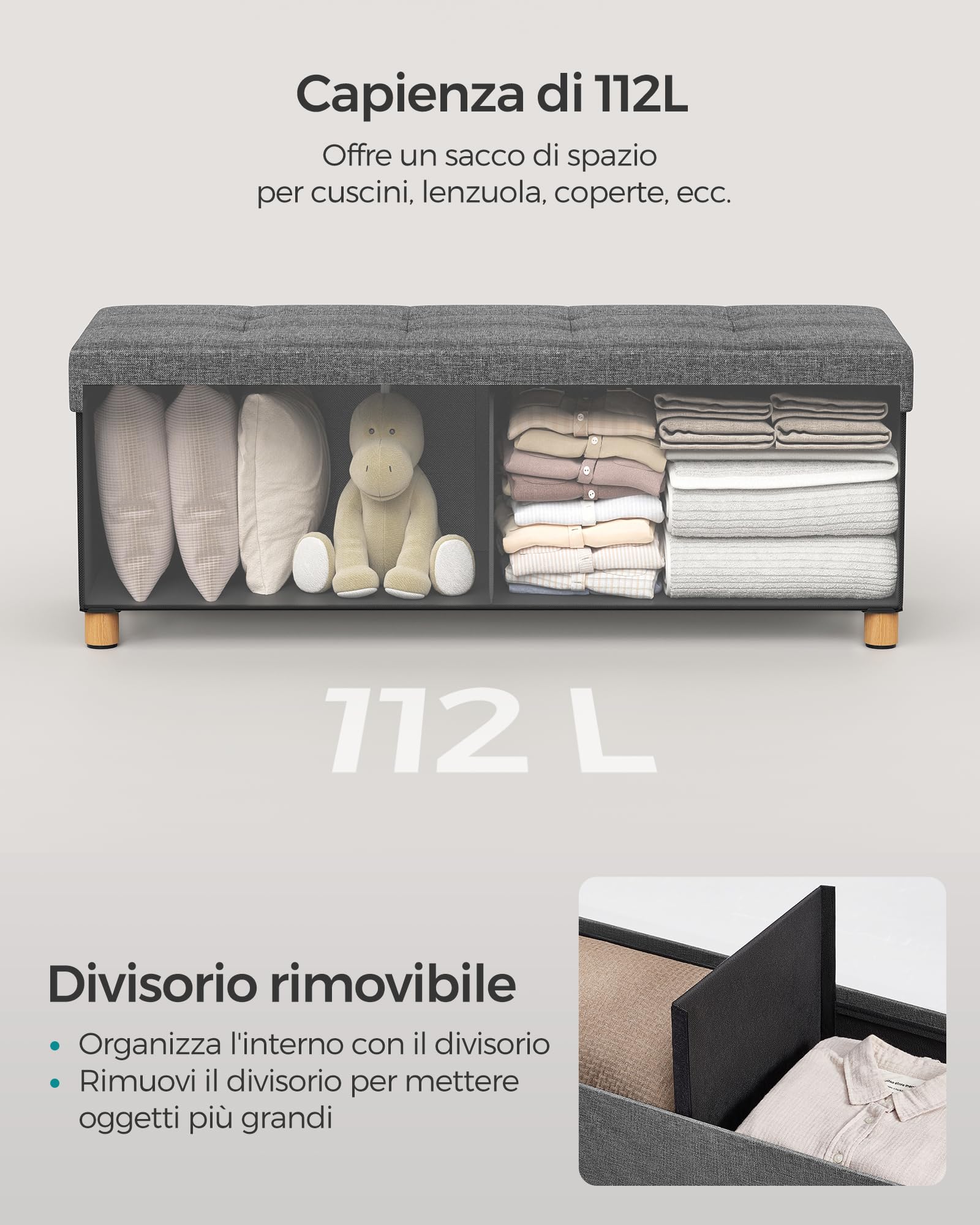 SONGMICS Cassapanca, Pouf Contenitore, Poggiapiedi Pieghevole 38 x 110 x 40 cm, Ottomano con Gambe in Legno, Regge fino a 300 kg, per Soggiorno, Camera da Letto, Dormitorio, Grigio Ardesia LSF018G11