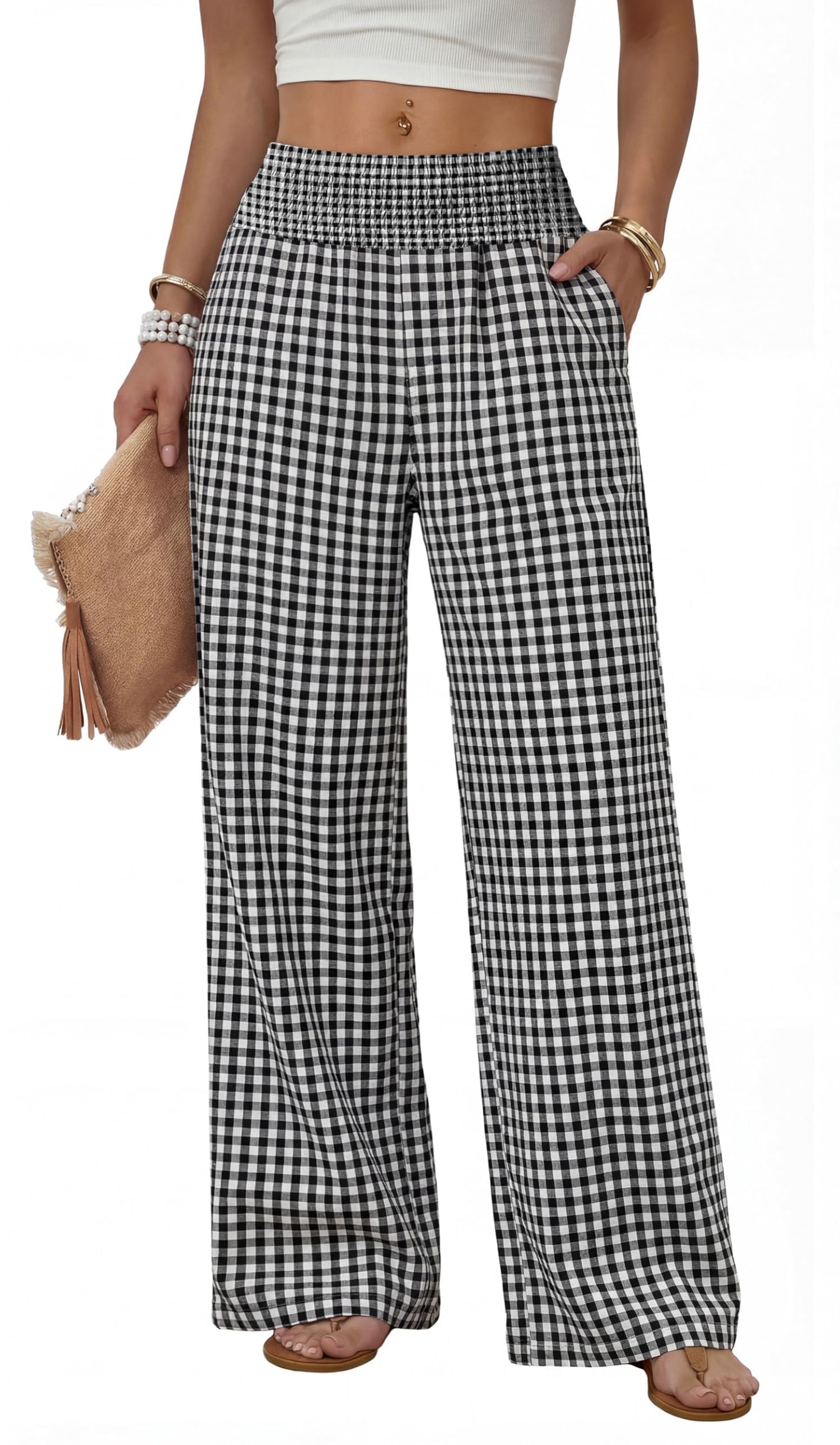 Desol Hosen Damen Sommerhose Damen Leicht Elegant High Waist Palazzo Hose mit Taschen Damenhose Weites Bein