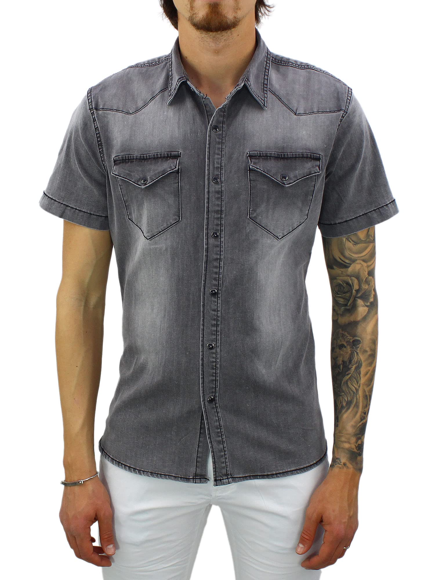 Camisa vaquera para hombre de manga corta Slim Fit azul y negro vaquero