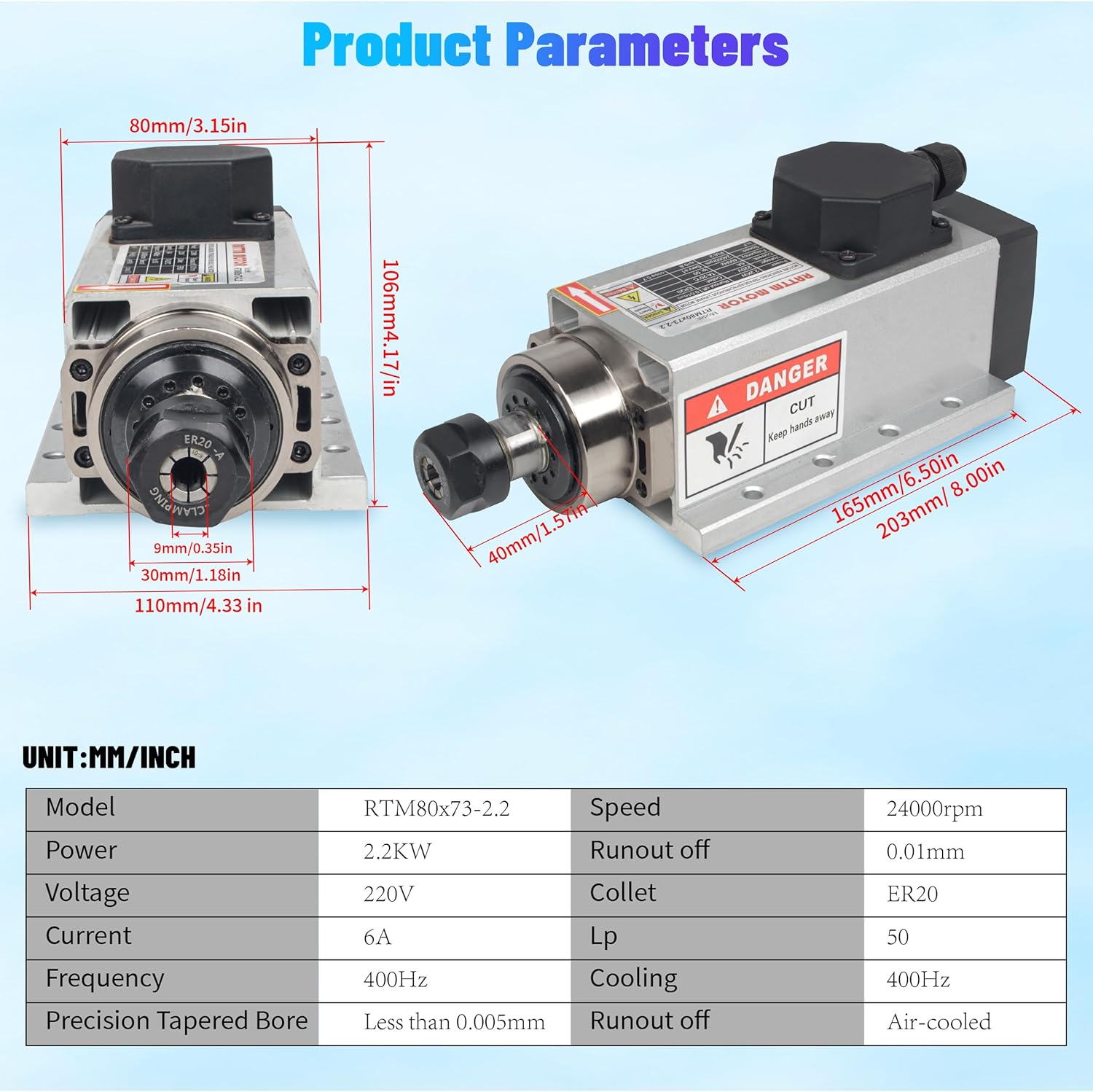 RATTMMOTOR CNC Spindle Motor Kit 220V 2.2KW Air Cooled Spindle Motor Square ER20+2.2KW VFD Inverter 220V Variable Frequency Drive Single to 3 Phase Converter for CNC Router Machine
