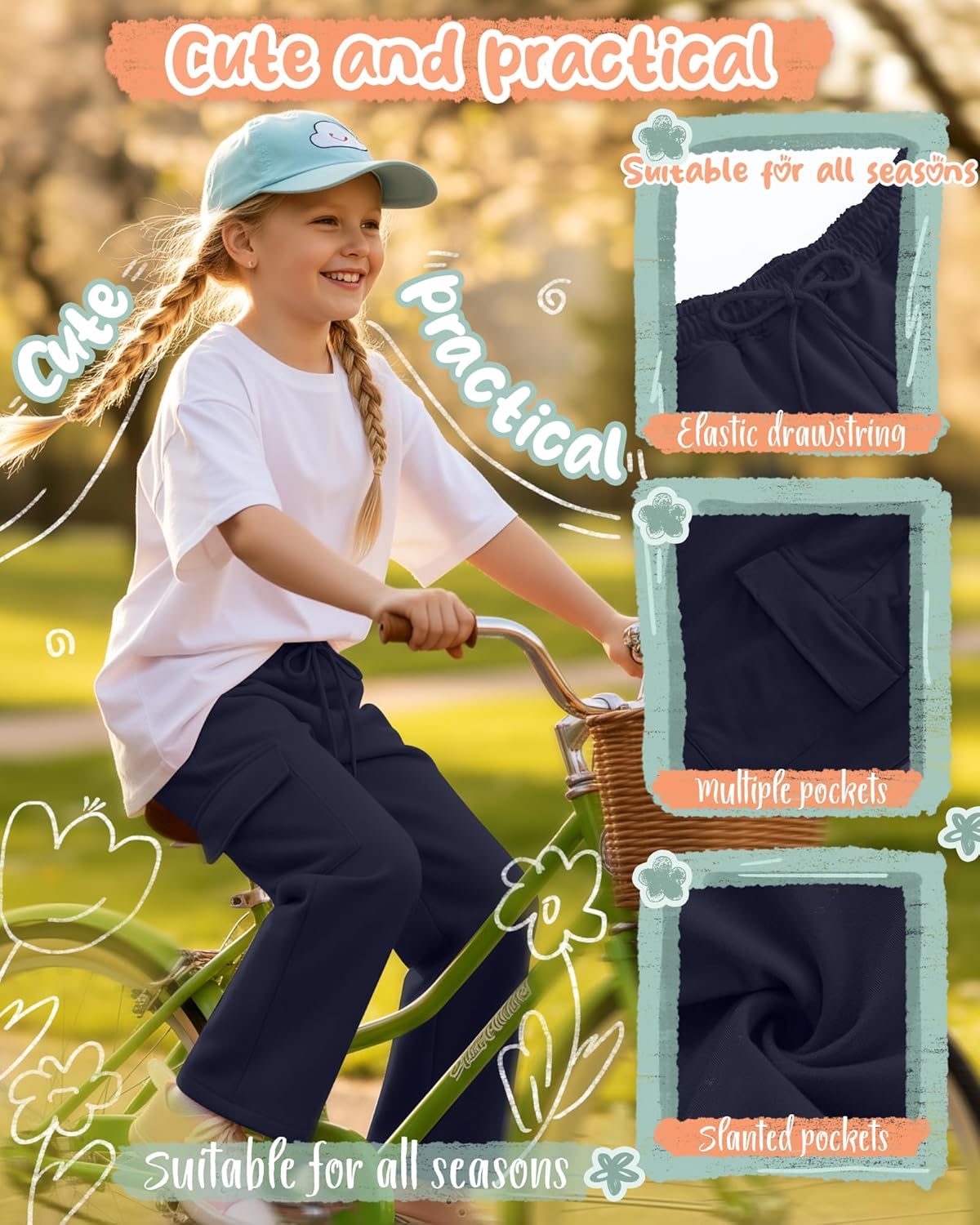 3 Pack Girls' Cargo Sweatpants Kids Wide Leg Pants Loose Baggy Elastic Drawstring Joggers with 4 Pockets 5-14 Years