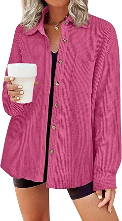 HOTOUCH Waffle Button Down Shirt Women Casual Knit Tops Long Sleeve Loose Fit Shacket with Pocket