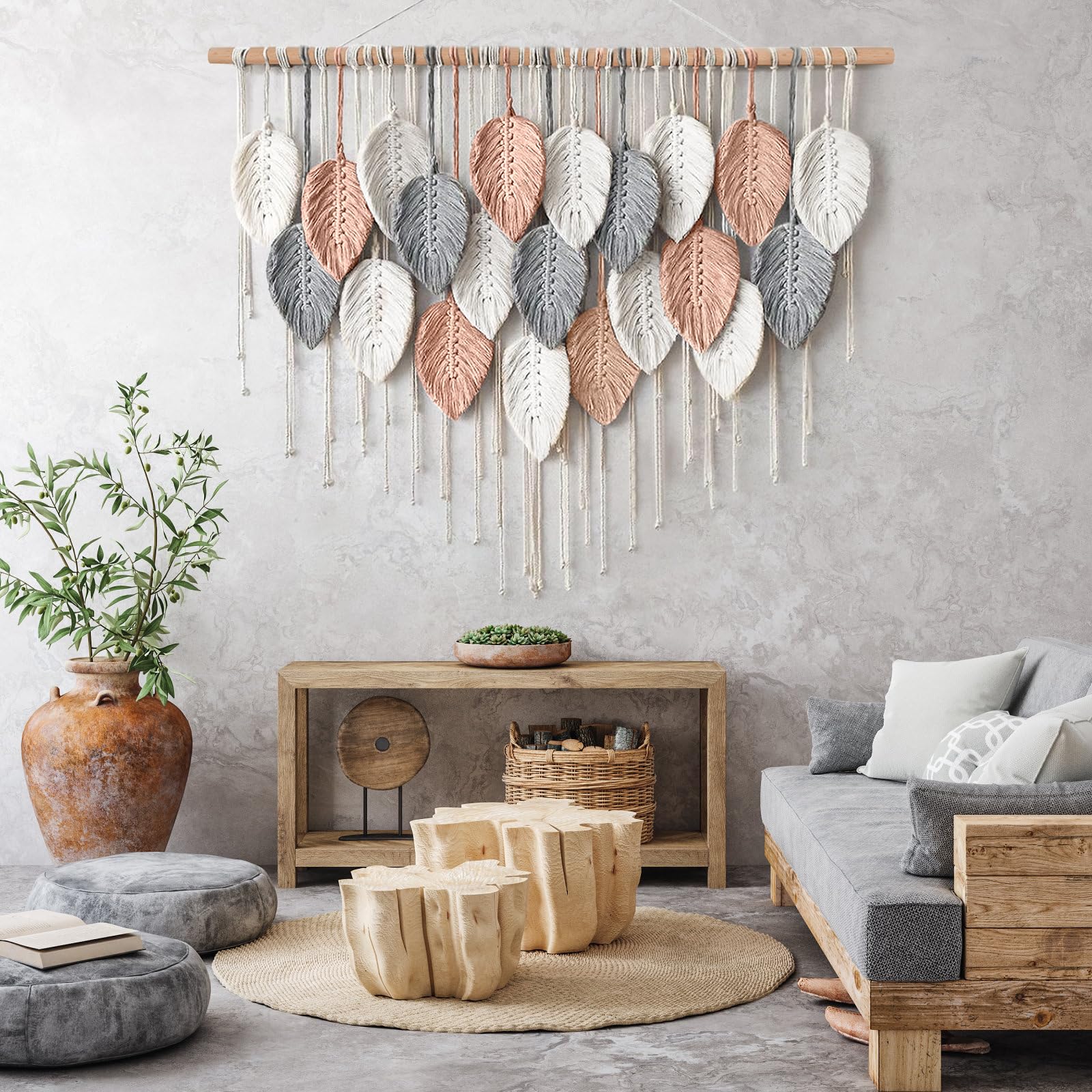 ASTNIC Macramé Tenture Murale Grande Tapisserie, Macramé Mural Tissée à la Main Art, Coton Naturel Bohème Feuille Gland Décoration pour Chambre à Coucher Salon Appartement Toile de Fond (Rose)