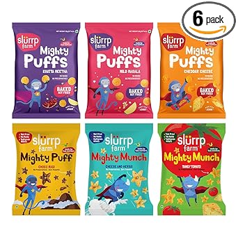 Slurrp Farm Mighty Jowar Puffs | Khatta Meetha, Mild Masala, Cheddar Cheese, Tangy Tomato, Choco Ragi, Cheese & Herbs | Not Fried, No Maida | Healthy Snack for Kids, School Tiffin and Travel Friendly | 6 x 20g - image, photos