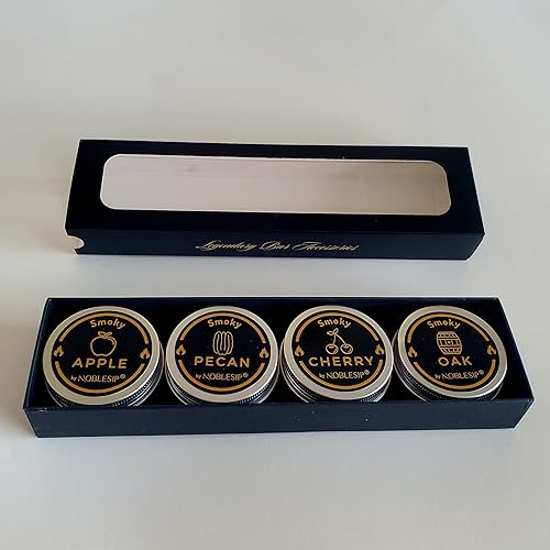 NobleSip Chips de madera para cócteles y ahumadores de comida. Juego de 4 sabores naturales seleccionados manzana, cereza, nuez, roble. Whisky