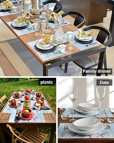 Miniatura 5 de Juego de 4 manteles individuales con diseño de muñeco de nieve, tejido lavable y lavable con bolsillo, mantel de mesa de tela navideña para fiestas,