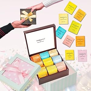 Goodwyn Assorted Tea Sampler Box 90 Individually Wrapped Tea Bags | Premium Herbal, Black & Green Tea Collection in Reusable Wooden Chest | 9 Flavors x 10 Each: Peppermint, Chamomile, Assam, Darjeeling, Lemon, Green Tea, Kahwa, Jasmine, Earl Grey | Ideal Gift Set Box