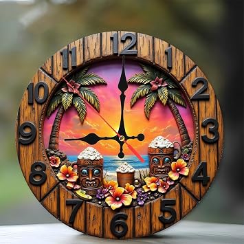 Tiki Bar Sunset Beach Ocean Wall Clock12-Inch Wooden Wall Clock, Silent Movement, Artistic Home Decor, Perfect for Home Accents