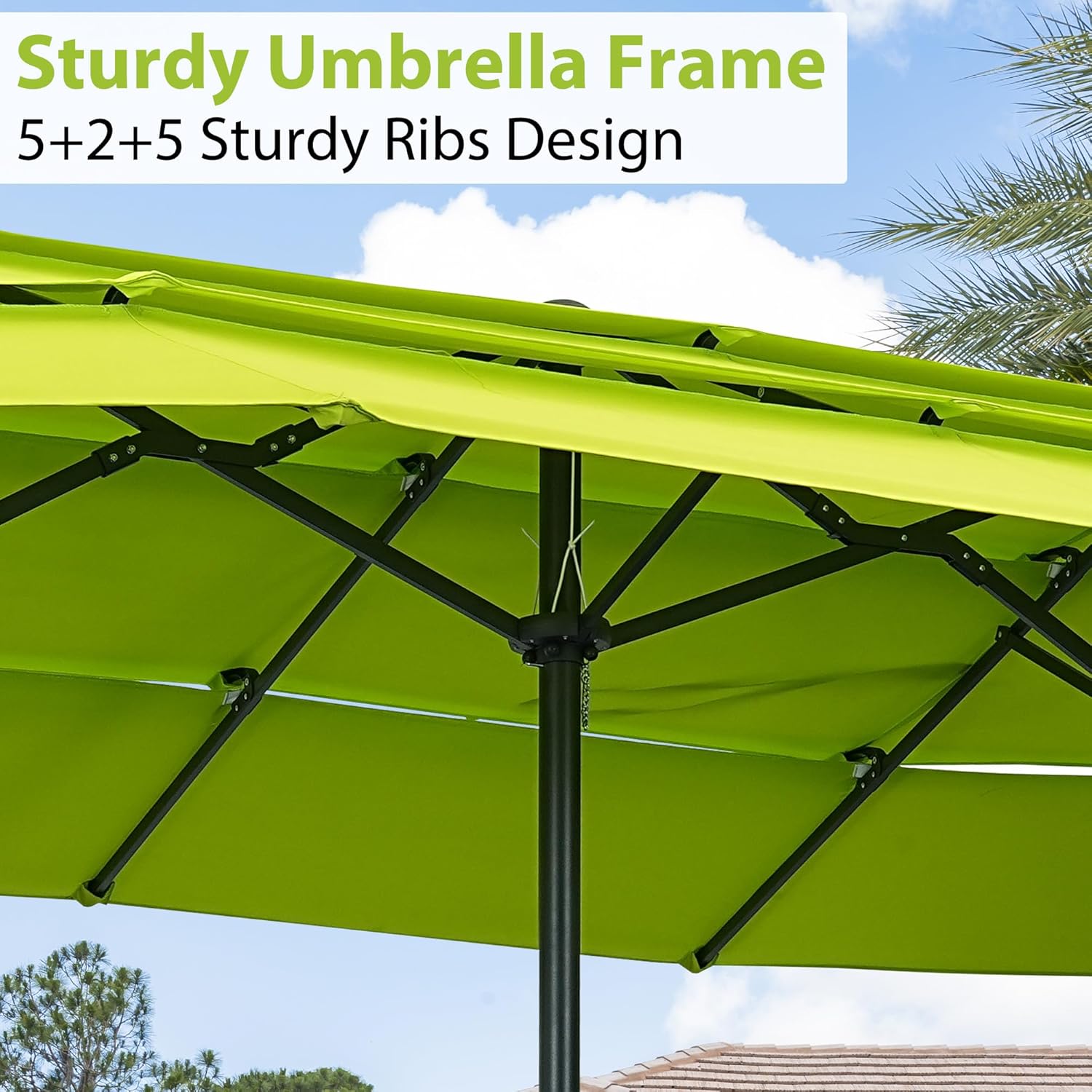 GDY 15 ft Patio Umbrella 3-Tier Ventilated, Easy-Turn Crank and Lock Bolt, Grass Green