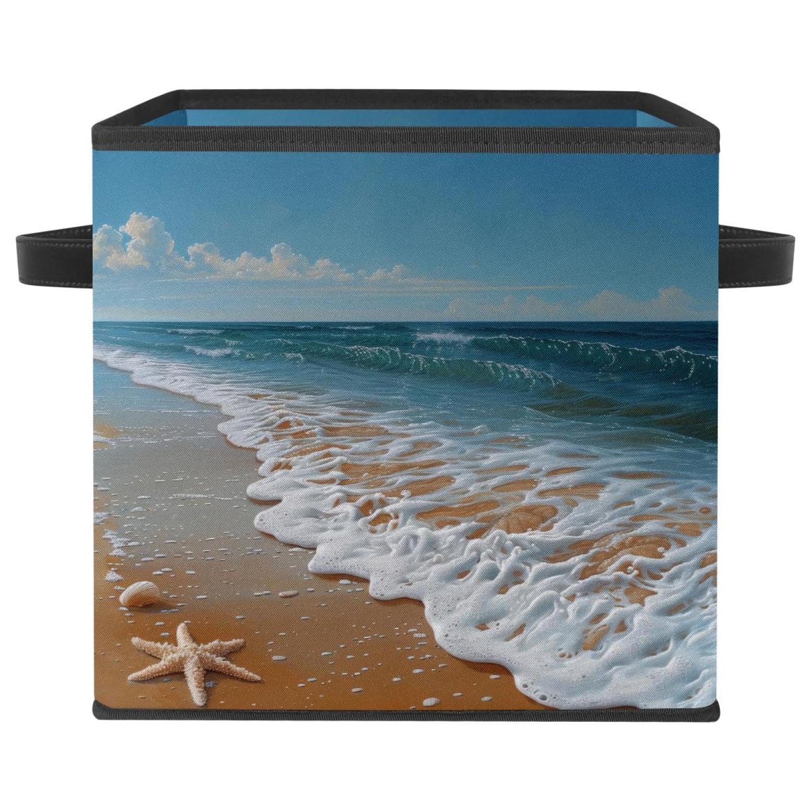 Boîte de rangement pliable grand cube avec poignées cuir motif mer