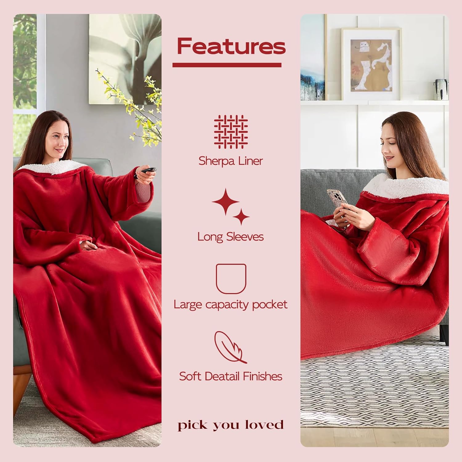 Wearable Blanket with Sleeves, Cozy Wearable Blanket with Arms and Pockets for Women Men, Warm TV Wrap Throw Blanket Robe as Gifts for Mom Wife, Wine - Image 6