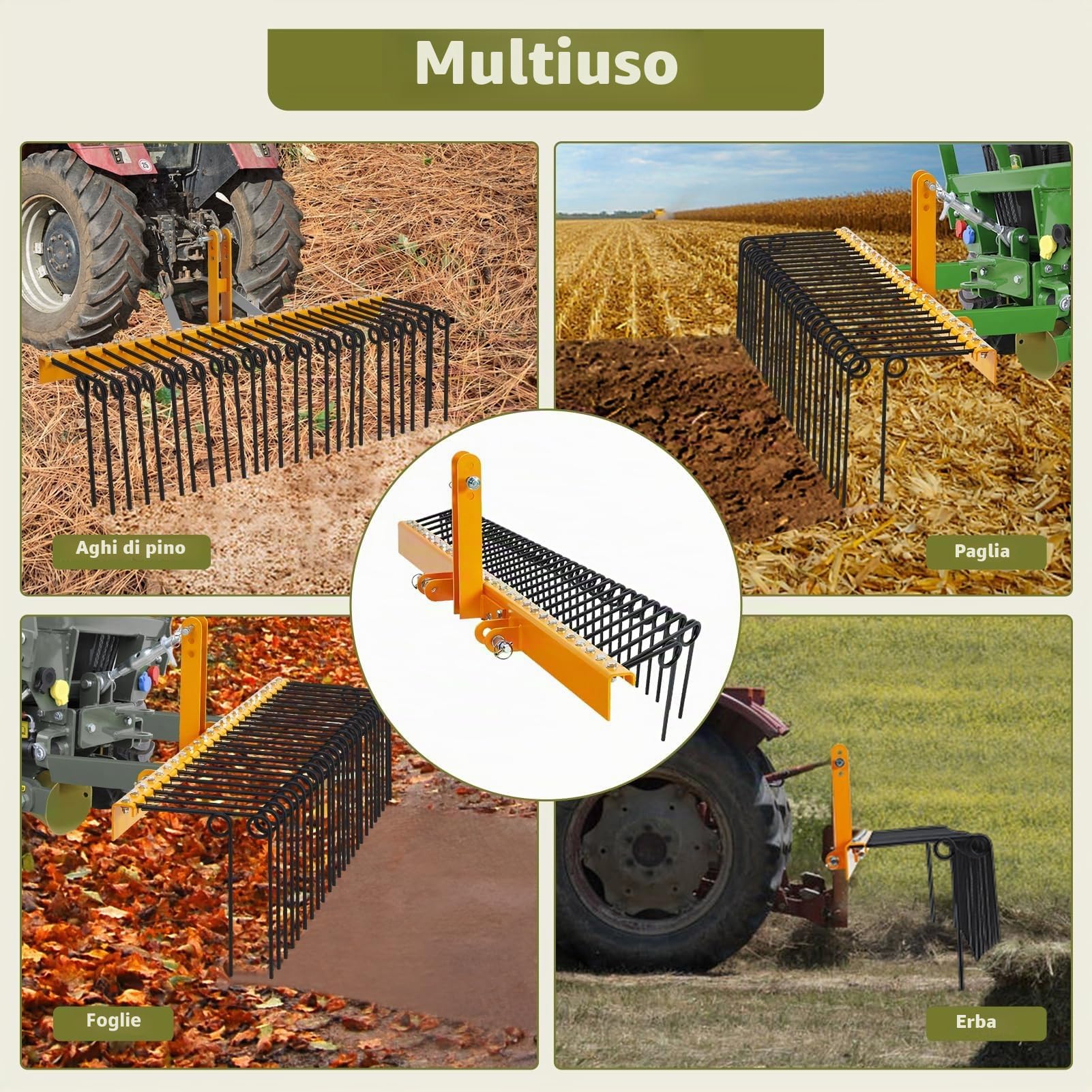 Rastrello trainabile per paglia di pino 152 cm – 26 denti a molla in acciaio resistente verniciato a polvere – Attacco a 3 punti per trattori Cat0/Cat1 – Perfetto per foglie ed erba – Giallo