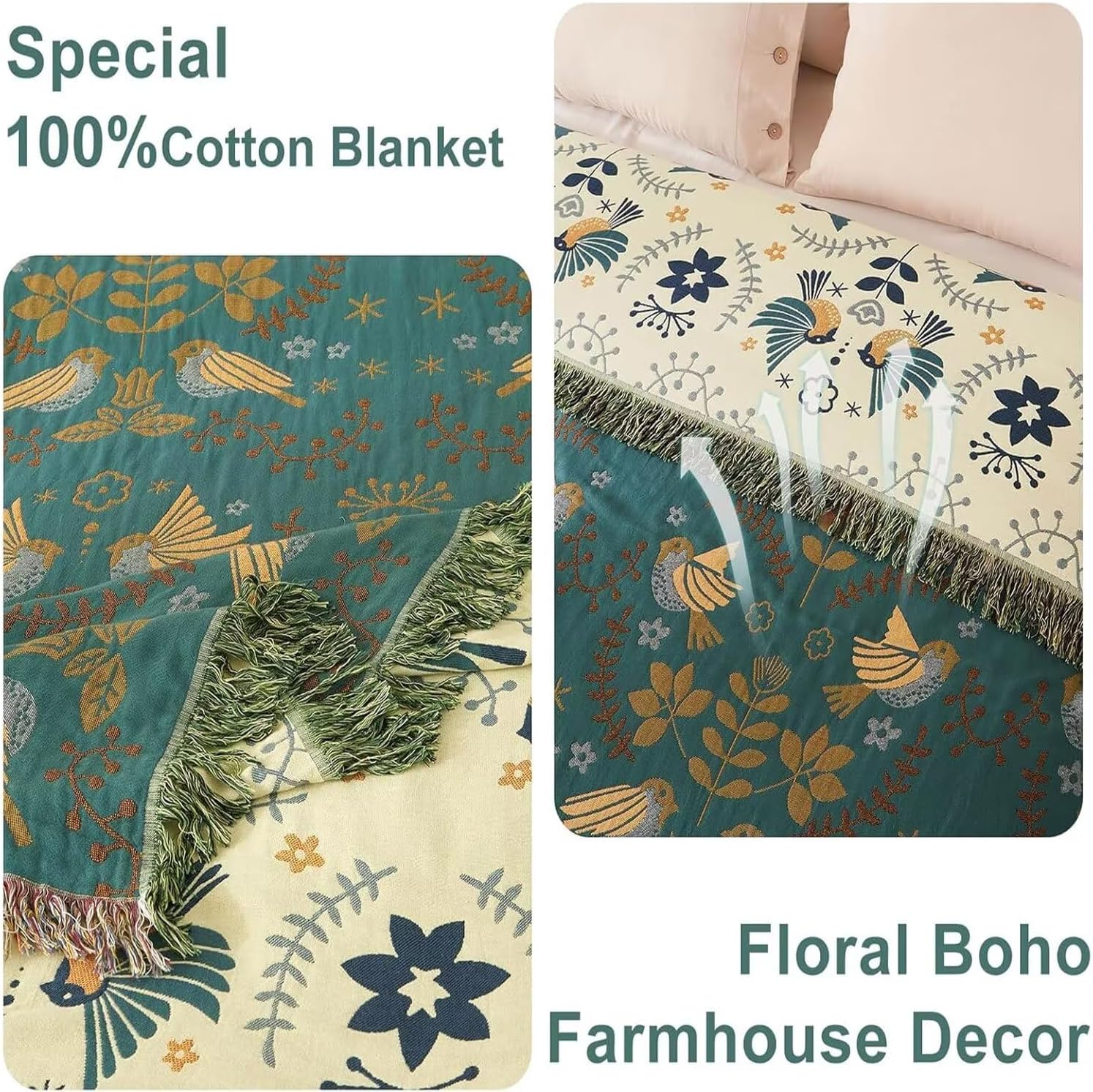 Boho Throw Blanket - 100% Cotton Soft Throw Blanket for Bed, 50"x60" Reversible Breathable Lightweight Fall Blankets, All Seasons Farmhouse Decor Floral Plant Bird Throw Quilt - Image 5