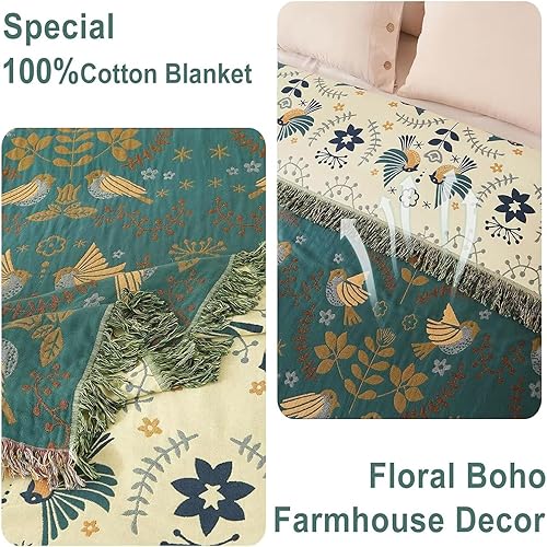 Miniatura 5 de Manta bohemia  Manta suave 100% algodón para cama, 50 x 60 pulgadas, reversible, transpirable, ligera, para otoño, todas las estaciones, decoración