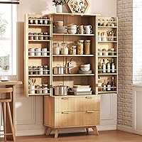 Aivermeil 72" Tall Fluted Pantry Cabinet with Doors & Adjustable Shelves - Natural Wood Kitchen Storage for Pantry, Dining Room