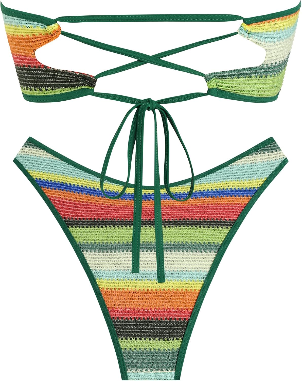 ZAFUL Women's Bandeau Bikini V Strapless Confetti Colorblock Tie Back High Cut Two Piece Swimsuit Bathing Suits - Image 3