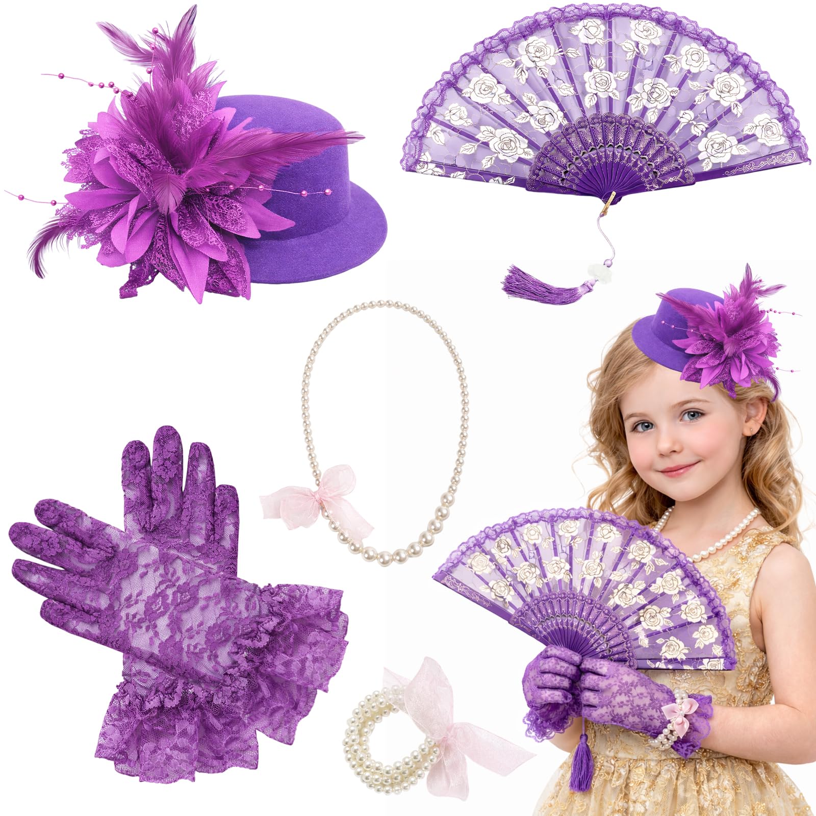 MUNSKT Girls Tea Party Set,5PCS Girls Teas Party Fascinators Hats with Lace Gloves Pearl Necklace Fan,Girl Tea Partys Accessories1920s Tea Party Church Wedding (Purple)