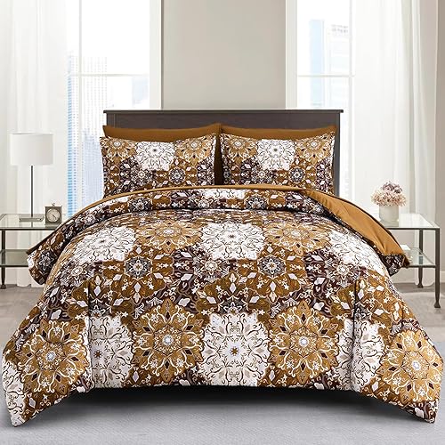 Luxudecor Brown Comforter Set Queen Size 7 Pieces Bed in a Bag Brown Boho Comforter and Sheet Set, Soft Microfiber Medallion Complete Bedding Sets for All Seasons