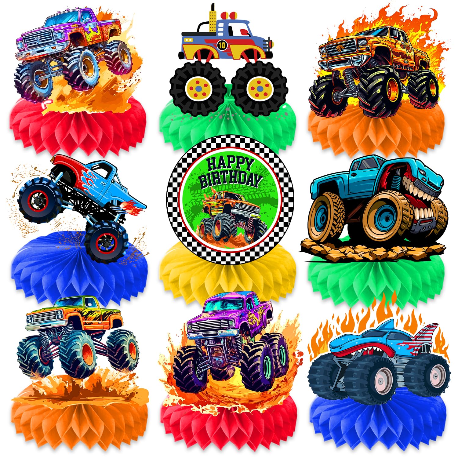 9PCS Monster Truck Honeycomb Centerpieces Themed Birthday Party Decorations Centerpiece Table Decoration Party Favors Decor Supplies Gifts for Boys Girls Men Women