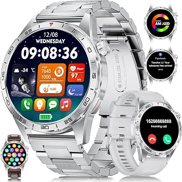 SUNKTA Smart Watch Men 3 Straps,Answer/Make Calls,1.43 AMOLED,IP68 Waterproof,110+ Sports Modes Fitness Watch/Sleep Monitor/SpO2/Heart Rate/Pedometer Rugged Outdoor Smart Watch,Silver