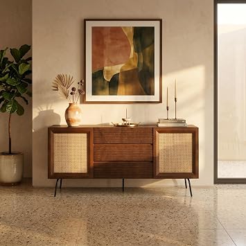 NTC MOSSIC Large Sideboard with 2 Doors and 3 Drawers, Buffet Cabinet with Natural Rattan and Metal Legs, Modern Storage Cabinet for Living Room, and Hallway, Effortless Assembly - Dark Walnut