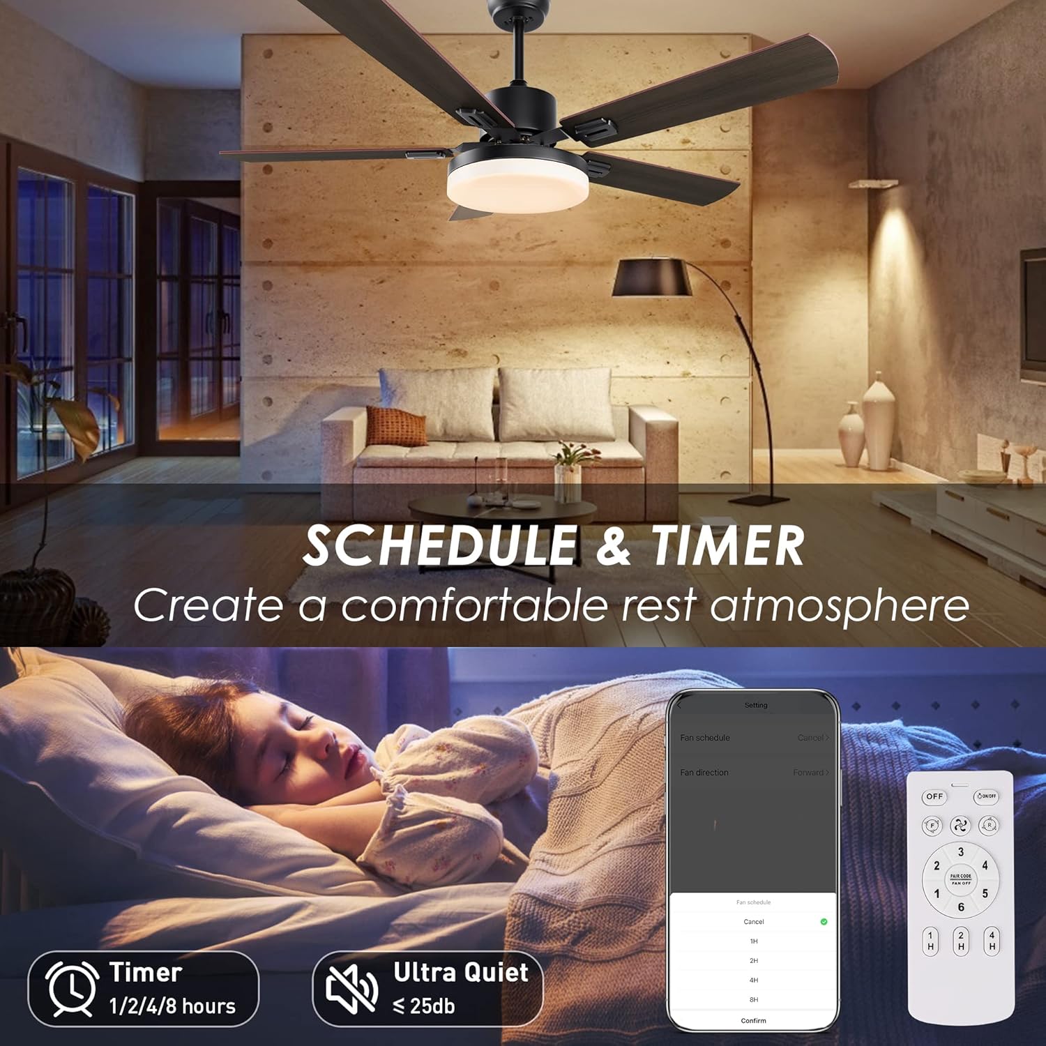 Samyoung 52” Ceiling Fan with Lights Remote Control Modern Indoor & Outdoor Ceiling Fan Smart Ceiling Fan with 3 Downrods (4"/8"/20”), Reversible Blades, Compatible with Alexa, Siri, Google, Smart App : Tools & Home Improvement