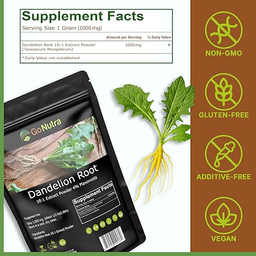 Vista 4 de Go Nutra Dandelion Root Powder for Tea, Coffee & Beverages Concentrated 10:1 Dandelion Root Extract Powder, Caffeine Free Antioxidants