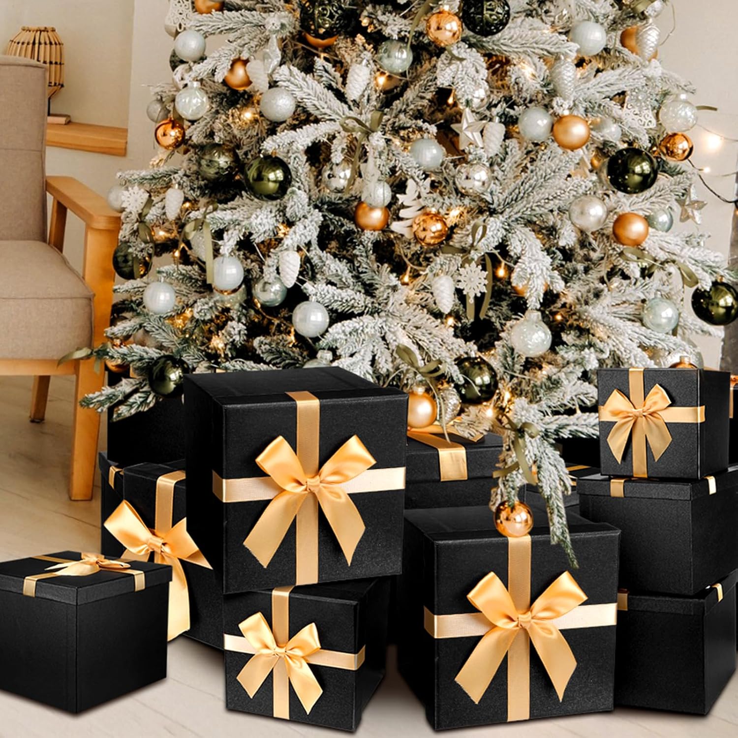 Tenceur 10 Pcs Christmas Nested Gift Boxes with Lids Assorted Sizes Gift Boxes for Presents Gift Box with Ribbon for Birthdays, Weddings, Housewarmings, Anniversaries, Valentines(10 Size,Black, Gold) Black, Gold 10 Size