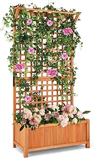 S AFSTAR Raised Garden Bed with Trellis, Wood Elevated Planter Box with Hanging Roof & Climbing Trellis, 4 Drainage Holes, 72.5" Tall Freestanding Planter Container for Vine Climbing Plants Flowers