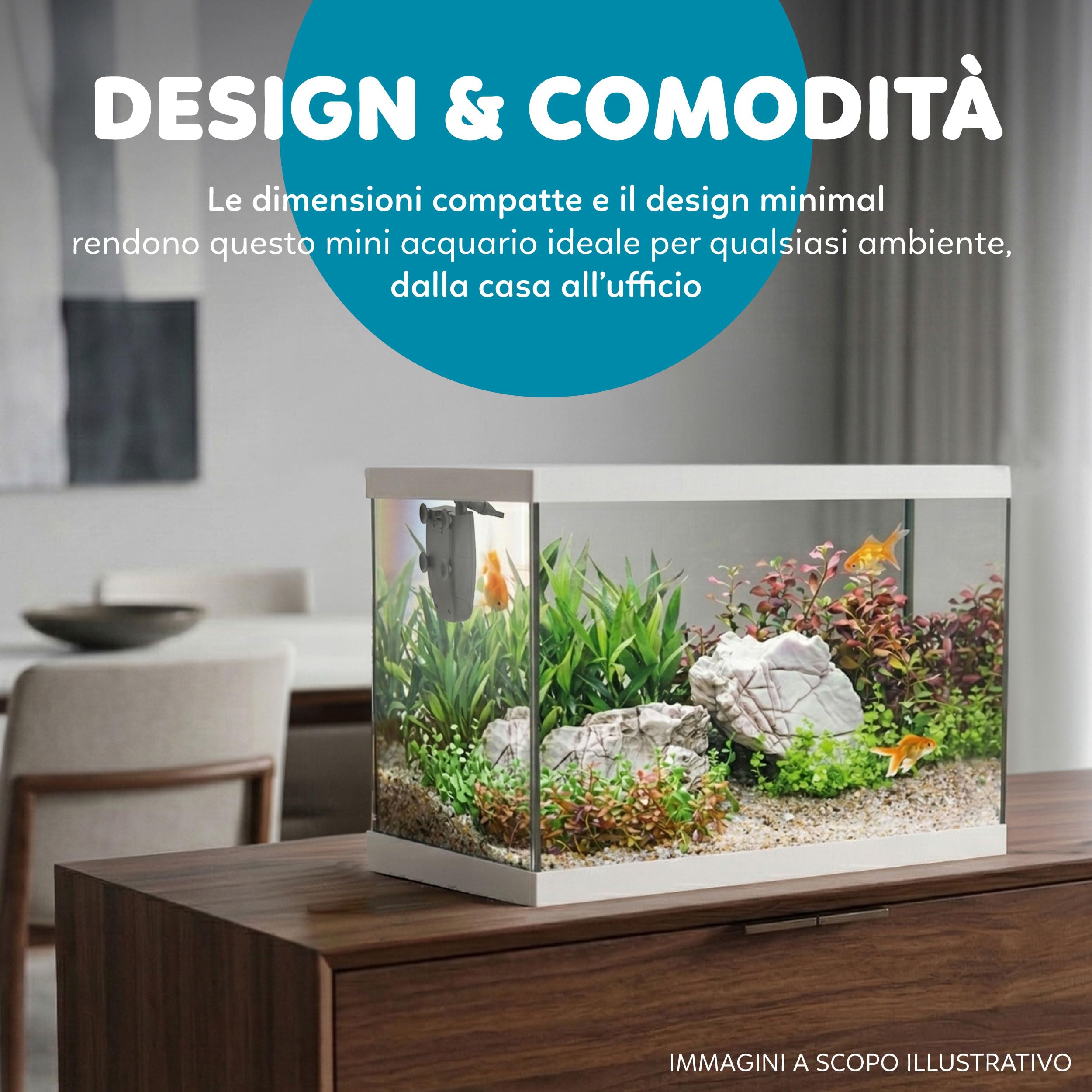 AQPET One Mini Acquario in vetro Bianco 20 litri – acquario completo con filtro interno, sabbia, pianta decorativa e sfondo – design elegante 36x22x26 cm, ideale per principianti