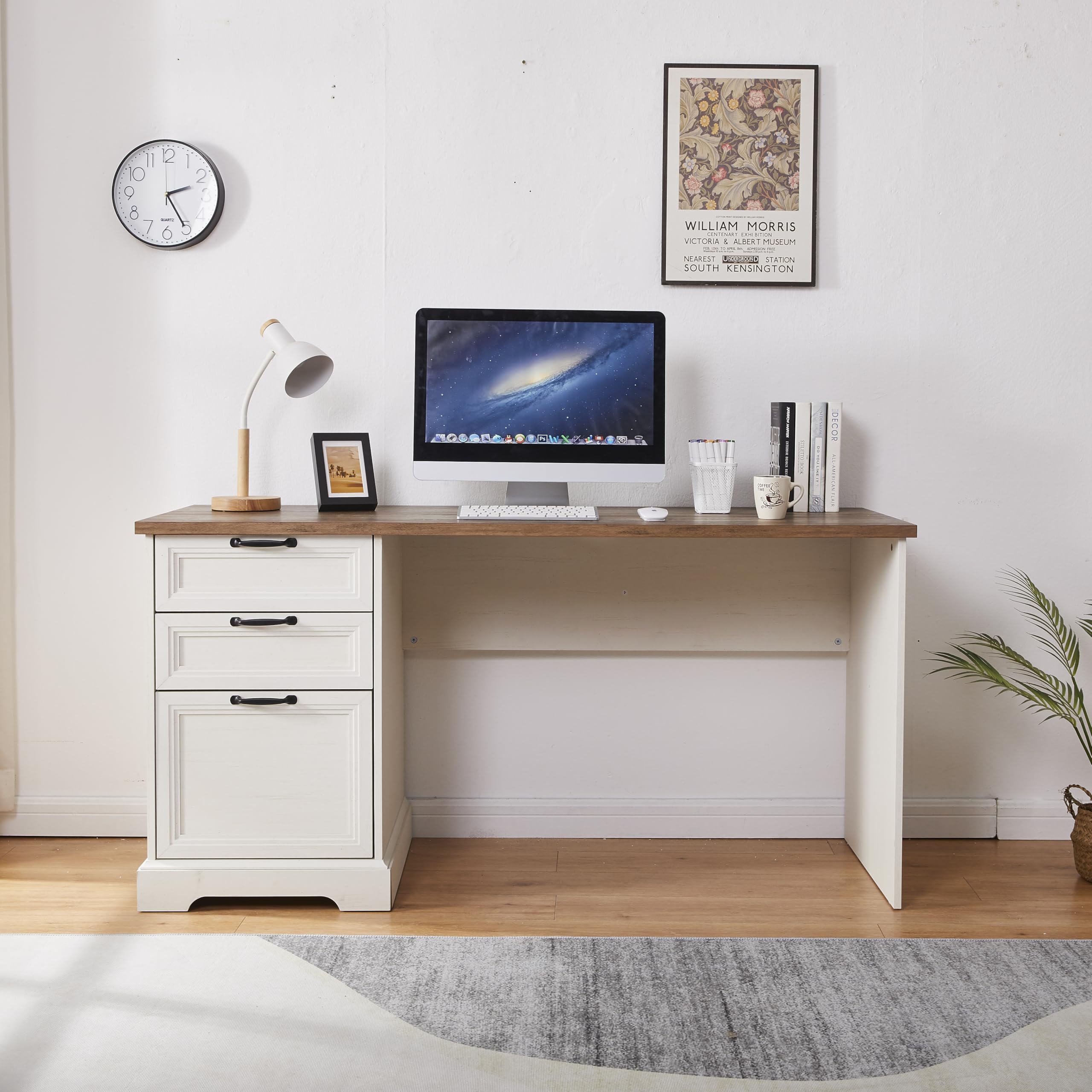 Zethvax 60" Farmhouse Executive Desk with Charging Station,Home Office Desk with 2 Drawers &1 File Cabinet,Fluted Computer Desk for Office and Home (