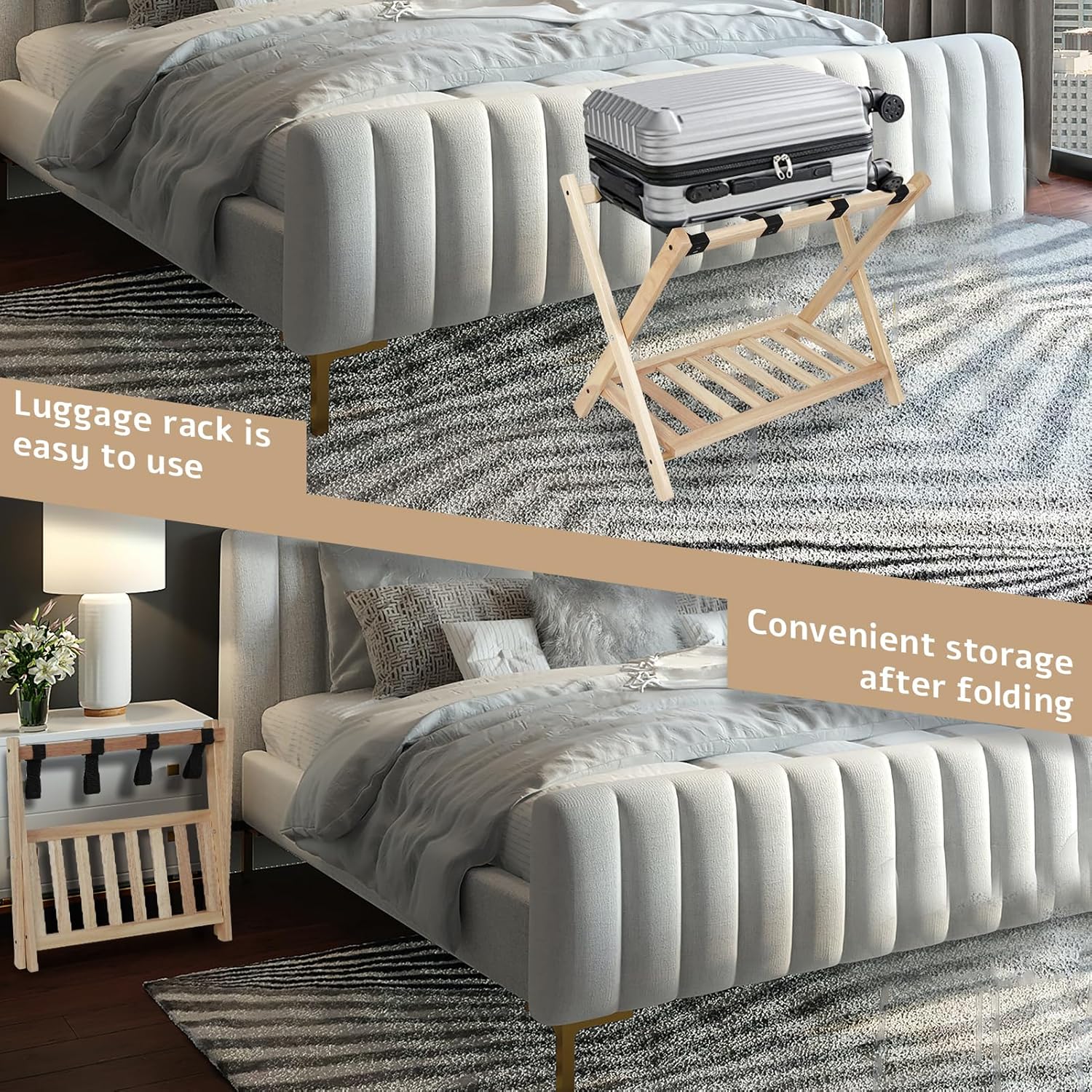 Foldable Rubber Wood Luggage Rack, X-Frame Suitcase Stand with Storage Shelf, 131 LBS Heavy Duty, Easy Assembly, Space-Saving Luggage Holder for Guest Room Bedroom Hotel(4 pack )