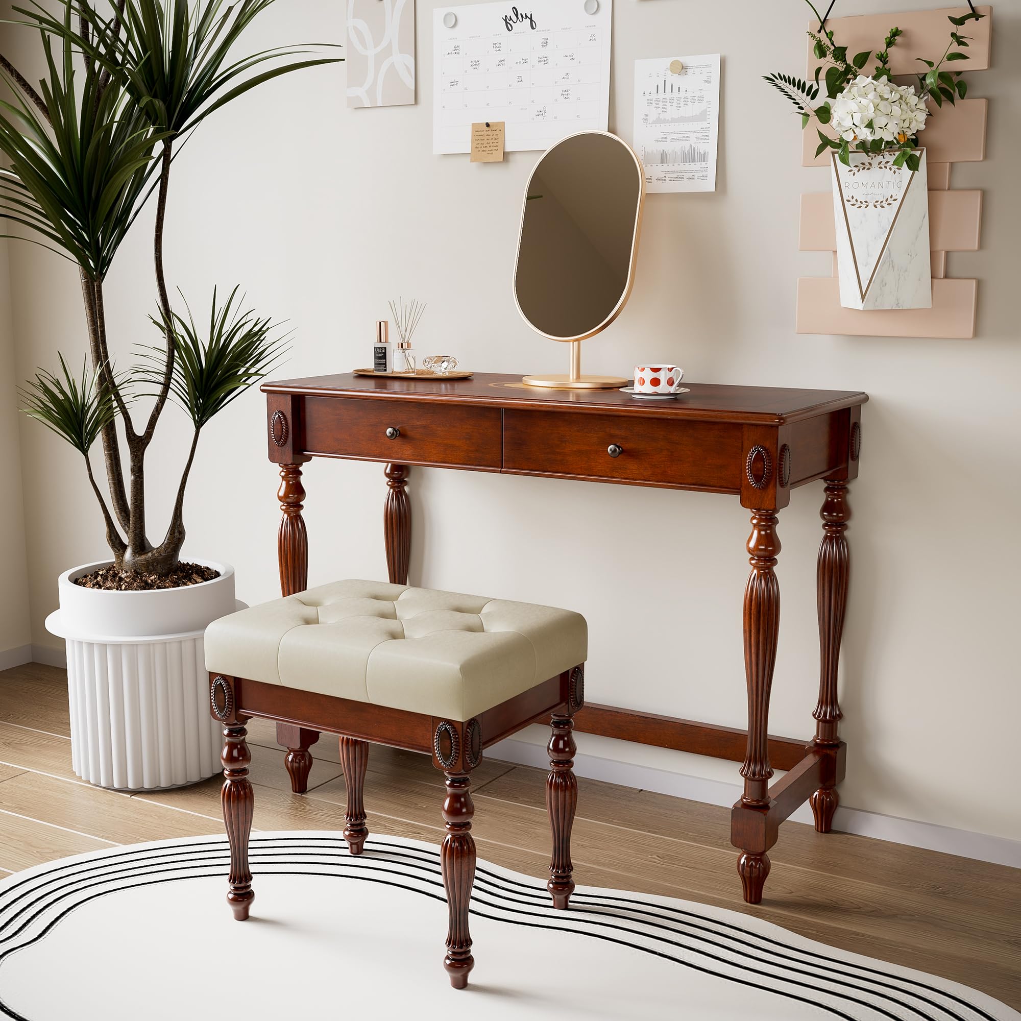 39.4"W Wood Writing Desk Stool Set, Small Makeup Vanity Set-Cheery&amp;Beige